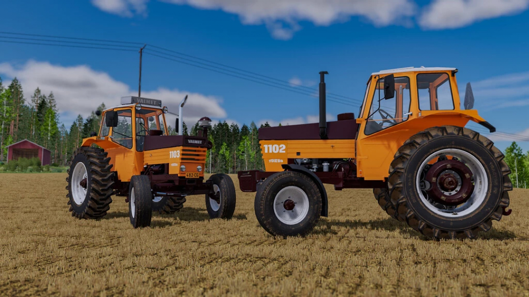 Trattori Valmet 1102-1103 in un campo nel mod FS22, sotto un cielo sereno.