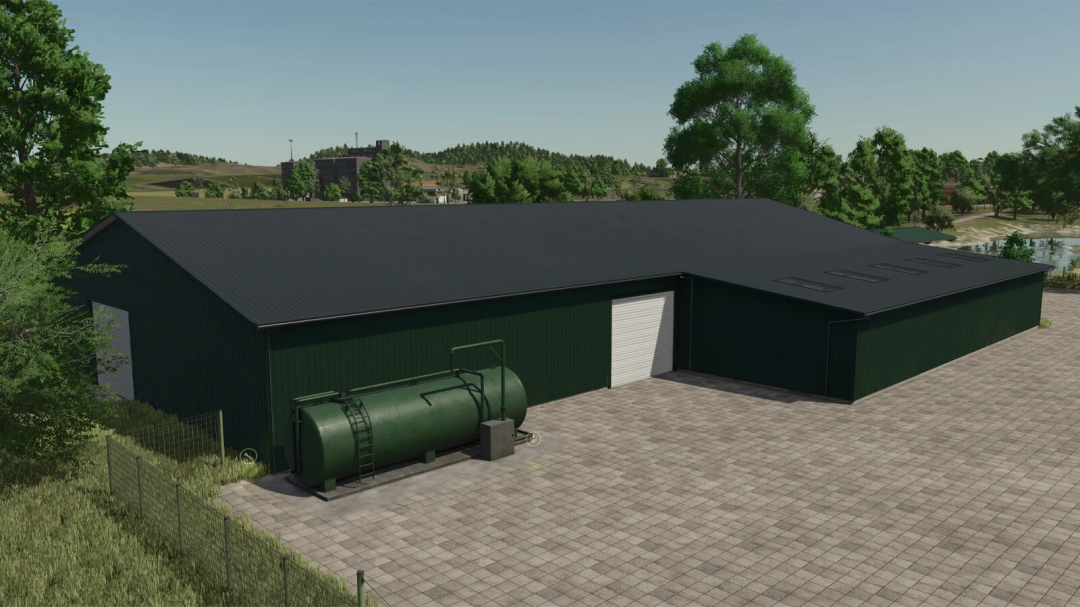 FS25 mod Vehicle Shed v1.0.0.0 met een grote groene loods en brandstoftank, perfect voor landbouwapparatuur in Farming Simulator 25.