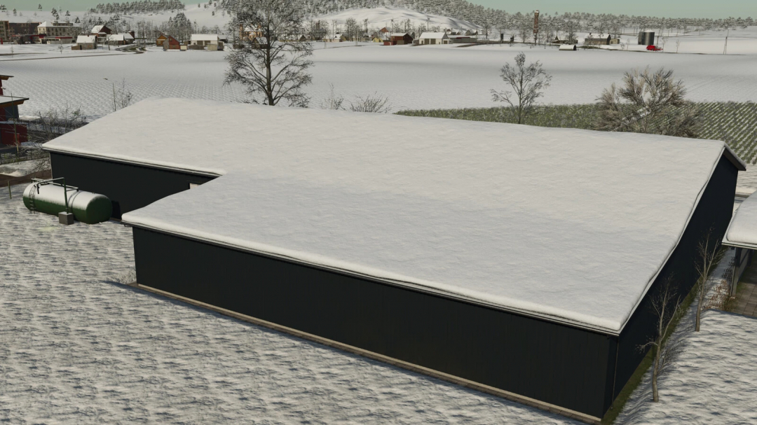 FS25 mod: Besneeuwde voertuigenloods in winterlandschap, Farming Simulator 25.