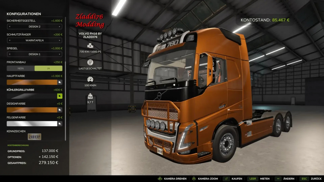 Mod Volvo FH16 en FS25, mostrando opciones de personalización y detalles de precios.