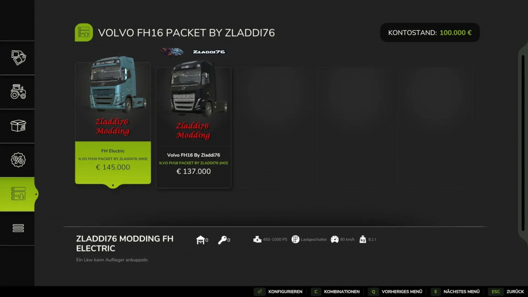 Pantalla de mod FS25 Volvo FH16 Pack v1.0.0.0, con dos camiones por €145,000 y €137,000, por Zladdi76 Modding.