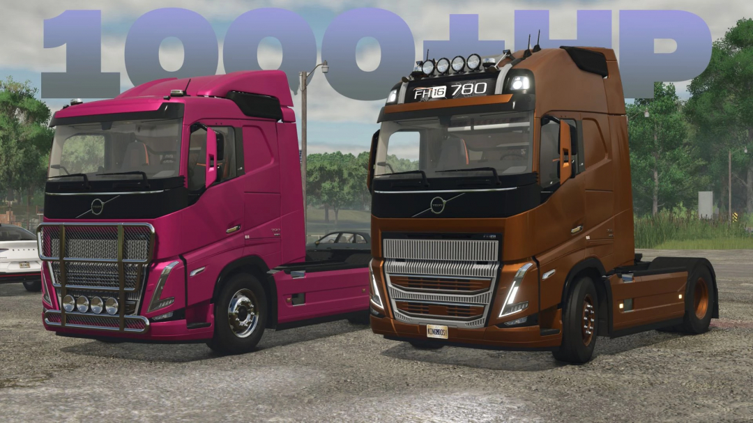 FS25 Volvo FH16 Pack mod con dos camiones en rosa y marrón, 1000+ HP.