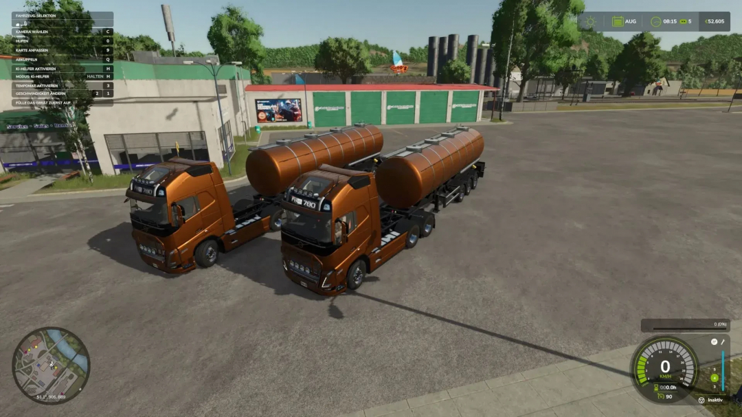 FS25 mod Volvo FH16 Pack con dos camiones marrones y remolques cisternas en un patio.