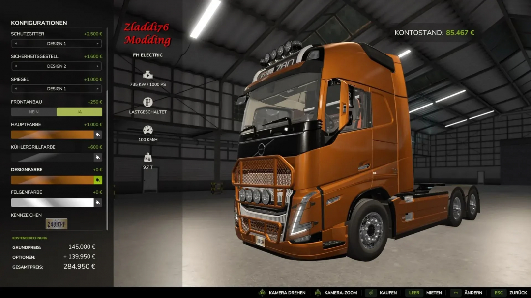 Mod Volvo FH16 Pack v1.0.0.0 en FS25, mostrando un camión naranja con opciones de configuración en un garaje virtual.