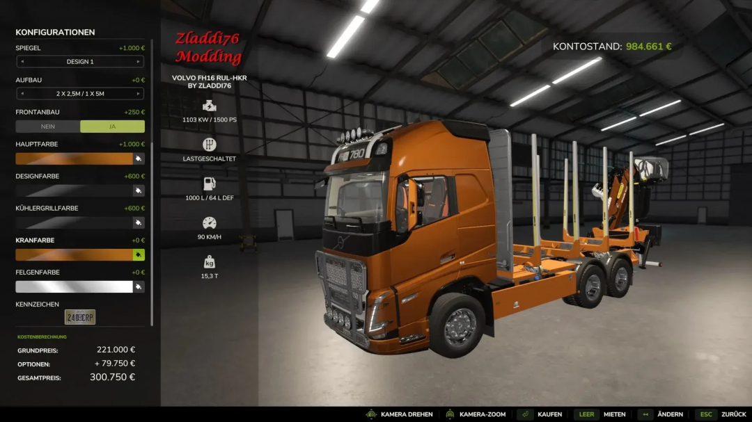 Mod Volvo Fh16 Holz para FS25 mostrado en pantalla de personalización, destacando opciones de camión y precios.