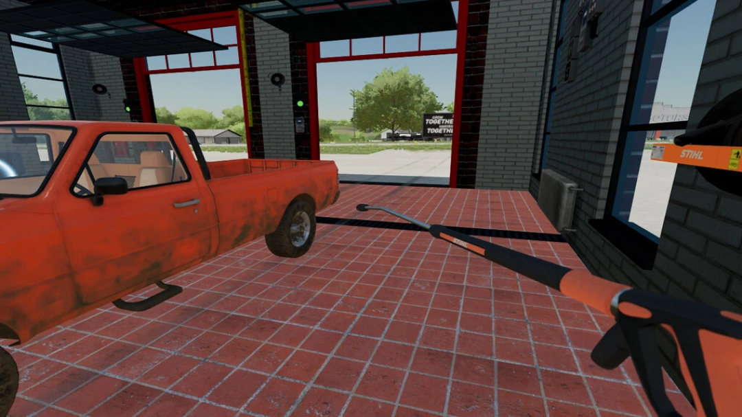 FS22 Mod: Wandmontierte Stihl Hochdruckreiniger in einer Garage mit rotem Lkw.