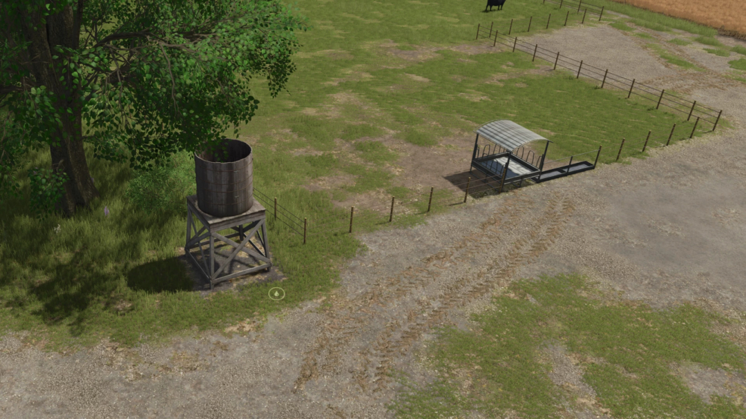 Watertoren en Gratis Water Trigger mod in Farming Simulator 25, met een grote watertank op een houten standaard naast een veld.