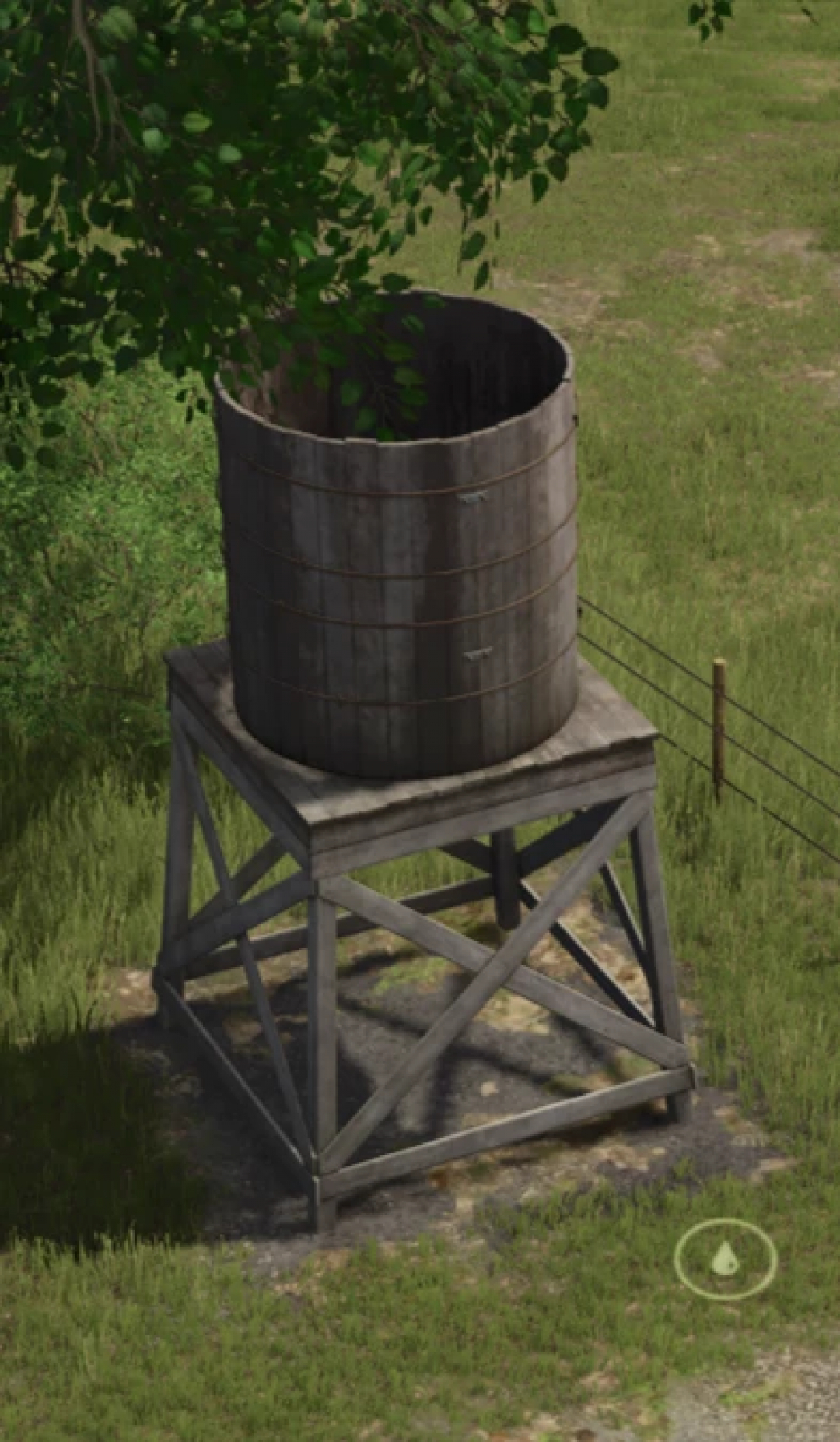 Houten watertoren van FS25 mods door CW33, biedt gratis water in Farming Simulator 25.