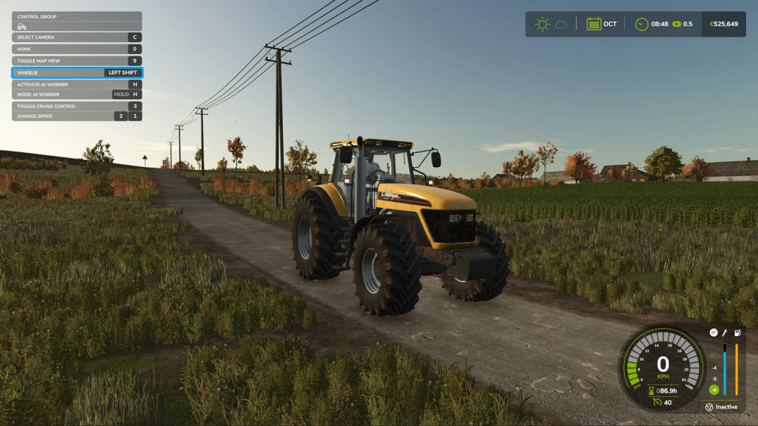 FS25 mod Wheelie v1.0.0.0 showing a tractor on a rural road with control options displayed.