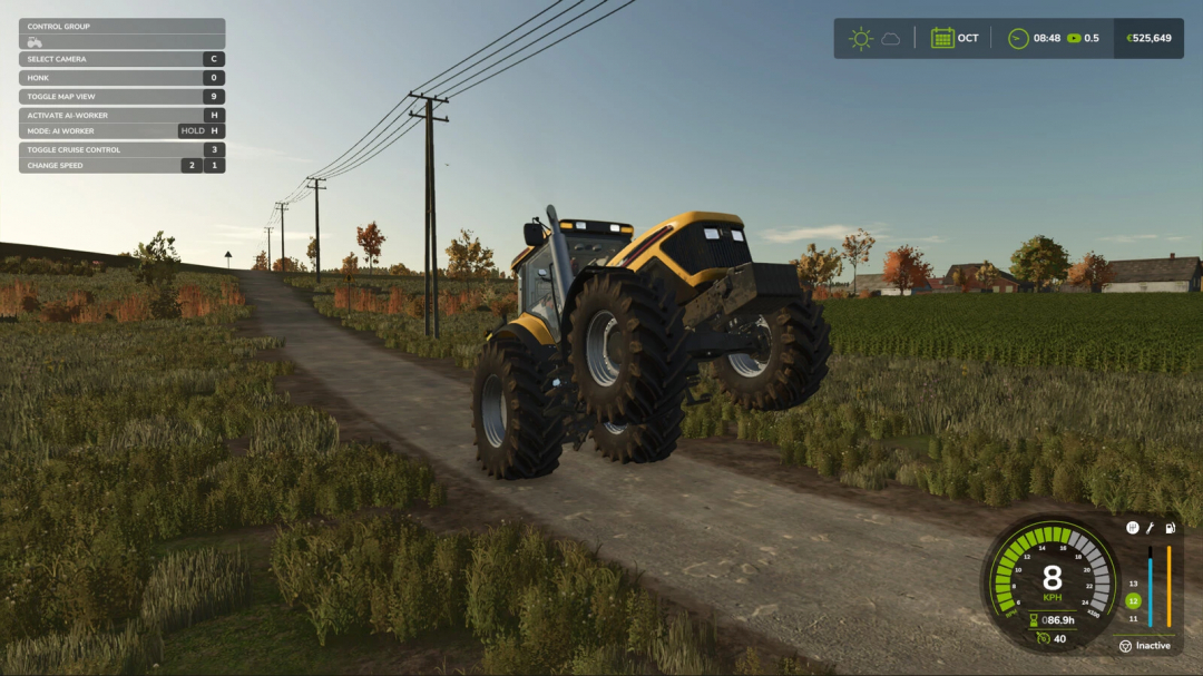 FS25 mod Wheelie v1.0.0.0 showing a tractor doing a wheelie on a rural road in Farming Simulator 25.