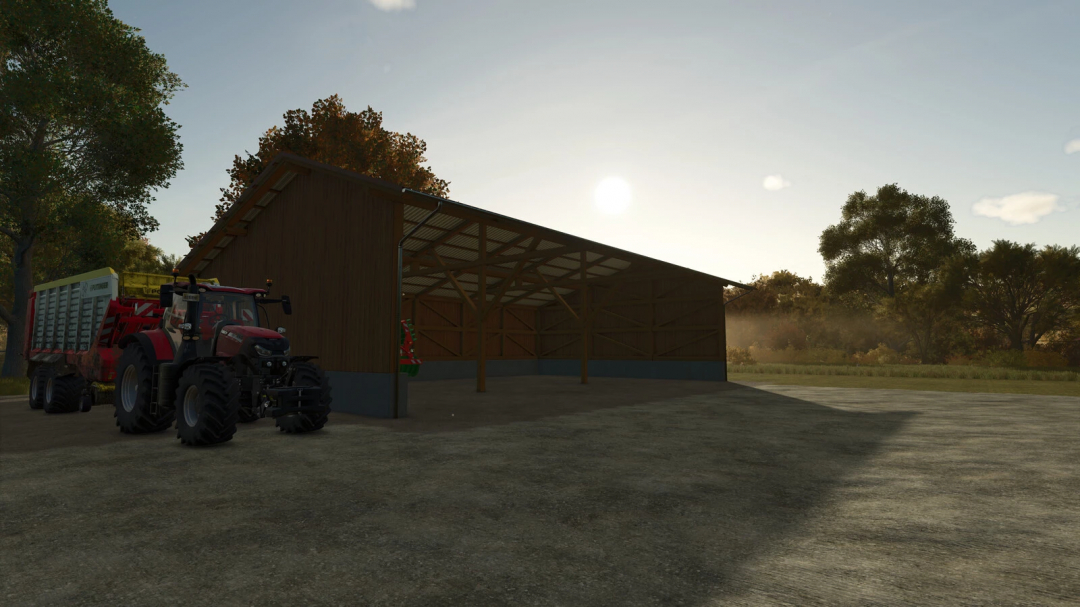 FS25 Mods: Wood Shelter Set v1.0.0.0 mit Holzstruktur und Traktor in ländlicher Landschaft.