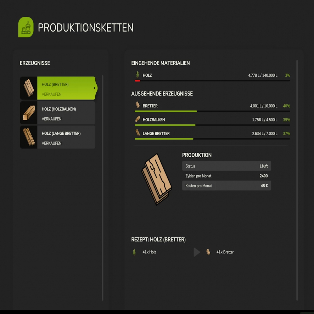 FS25 small fast sawmill 1.0 interface showing wood production and material inputs.