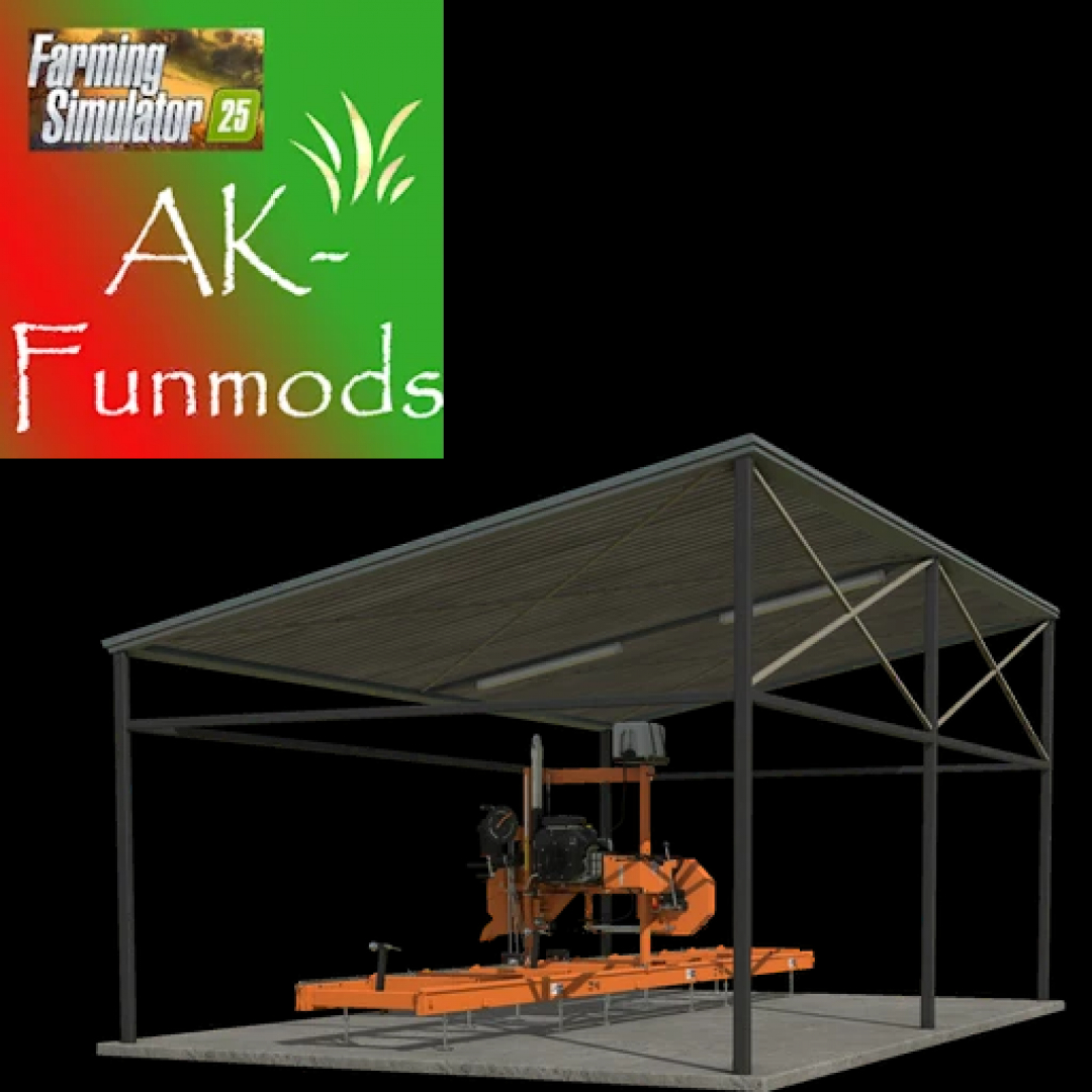 Farming Simulator 25 mod: small fast sawmill 1.0 by AK-Funmods under a shed.