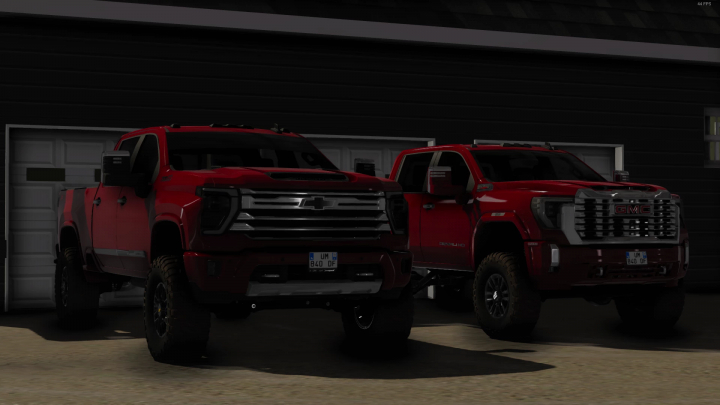 fs22-mods,  Two red pickup trucks, including the 2024 GMC Sierra 2500, showcased in FS22 mods.