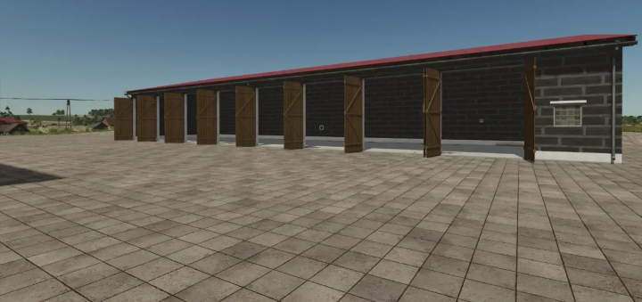 fs25-mods,  FS25 mod: 8 Door Garage with wooden doors, brick structure, in Farming Simulator 25.