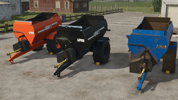 fs25-mods,  FS25 Abbey AP 900 mod, three colored trailers in orange, black, and blue on a farm.