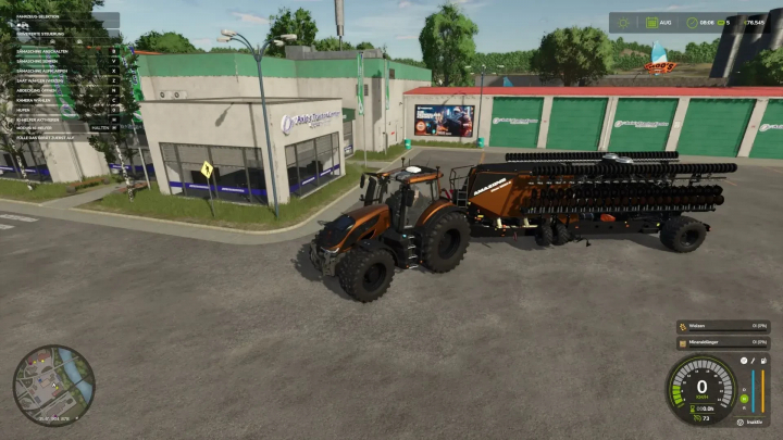 fs25-mods, FS25 mod Amazone Citan 15001-C in Farming Simulator 25, featuring a tractor with a large seed drill parked near a shop.