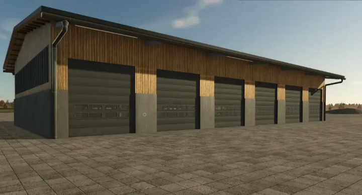 fs25-mods,  AustriaModding Drive-through hall mod for FS25, featuring a large garage with multiple doors and wooden exterior.