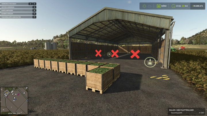 fs25-mods,  FS25 mod Bale and Pallet Storage v1.0.0.0 with crates and storage indicators in barn.