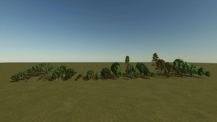 fs25-mods,  A variety of trees in a flat landscape for the Base Tree v1.0.0.0 mod in Farming Simulator 25.