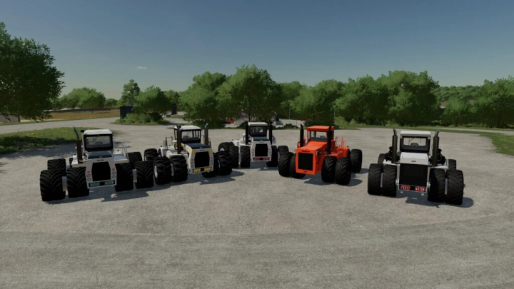 fs22-mods, Several BigBud S3 tractors showcased in FS22 mod, Farming Simulator 22, parked on a gravel area.