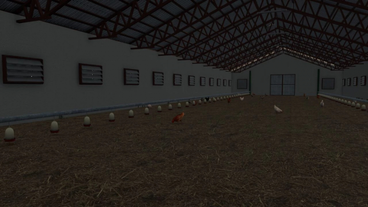 fs25-mods, Interior view of Big Chicken Barn mod in FS25, featuring chickens and feeders.