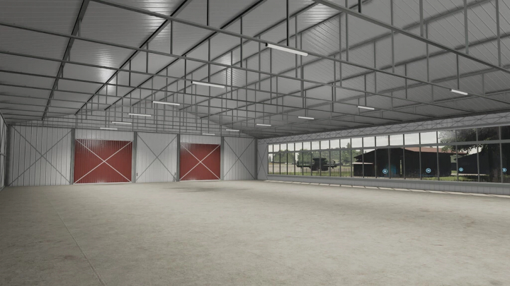 fs22-mods,  Interior view of Big Metal Shed mod for FS22 with spacious area and red sliding doors.