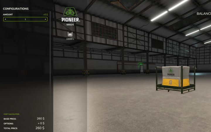 fs25-mods, FS25 mod: Big bag pallet seeds v1.0.0.0 in a warehouse, showing configuration options and price in Farming Simulator 25.