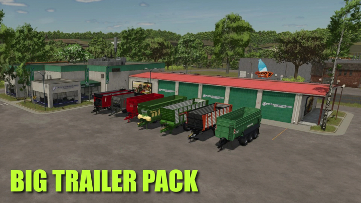 fs25-mods,  FS25 Bigger Trailers Pack v1.0.0.0 mod showing various large trailers parked outside a green-roof building.