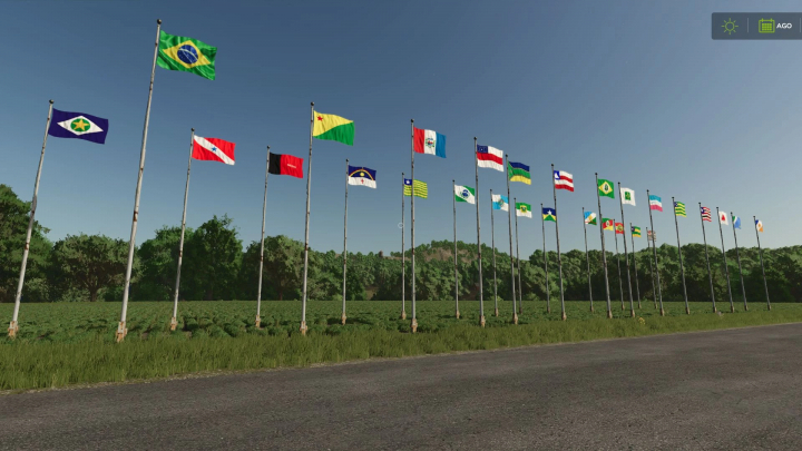 fs25-mods,  Mod FS25 Brazilian Flags v1.0.0.0 con diversas banderas de estados brasileños en astas en un paisaje de hierba.