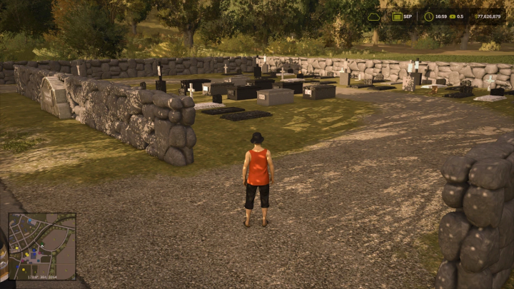 fs25-mods,  Cemetery mod in Farming Simulator 25 with gravestones and stone walls.