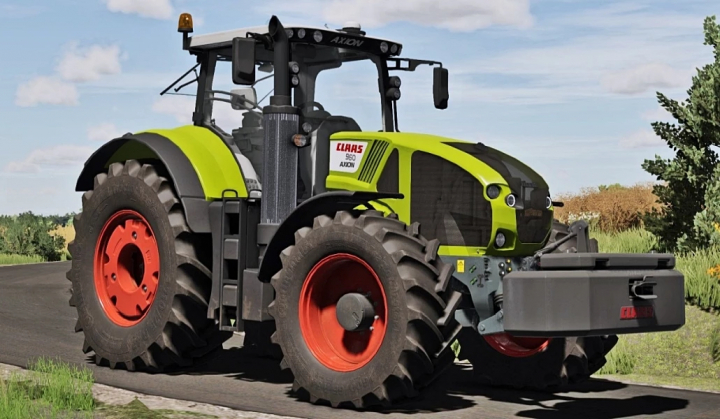 fs25-mods,  Claas Axion 900 Series tractor mod in FS25 game, showcasing a realistic design on a rural road.