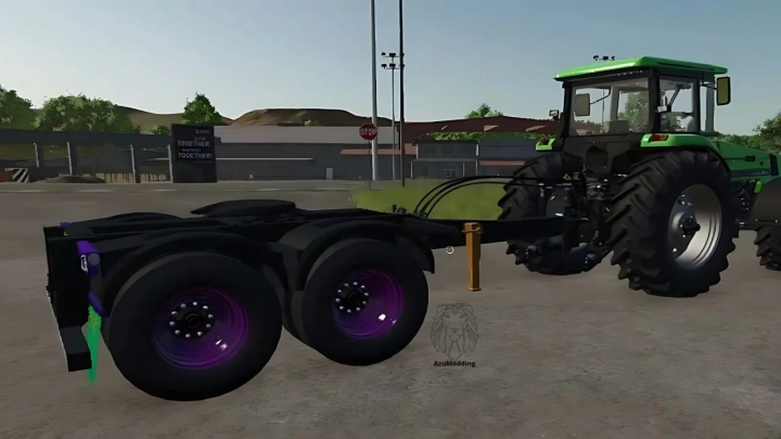 fs25-mods,  FS25 mod Dolly Randon v1.0.0.0 pokazuje zielony traktor z przystawką dolly o fioletowych obręczach.