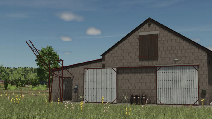 fs25-mods,  European Style Barn mod for FS25 with classic stone facade and metal doors, surrounded by green fields and trees.