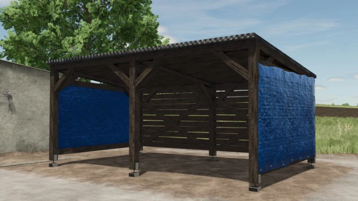 fs25-mods,  FS25 bale shelter from the Machine Shelter Package mod, featuring wooden structure with blue tarps, designed for Farming Simulator 25.