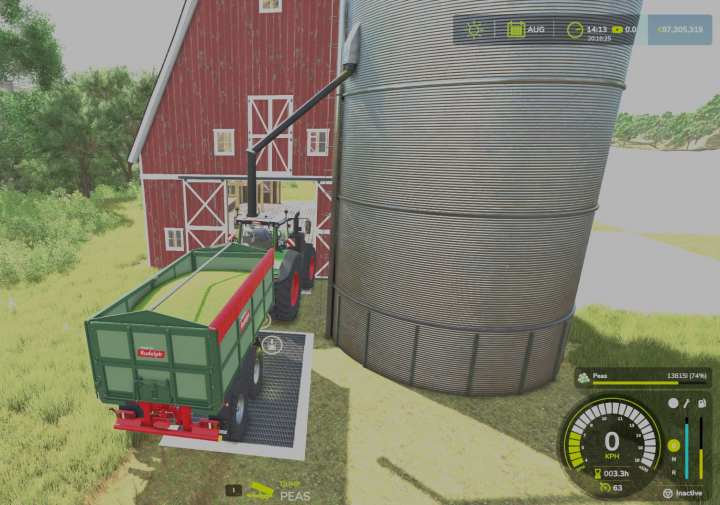 fs25-mods,  Imagem do mod FS25 mostrando celeiro com silo e trator descarregando ervilhas.