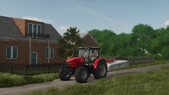 fs25-mods,  FS25 Mini village mod: red tractor on rural road with brick house in Farming Simulator 25.