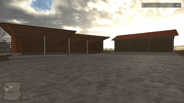 fs25-mods,  FS25 barnSet v1.0.0.0 mod featuring two barn structures with overcast sky in Farming Simulator 25.