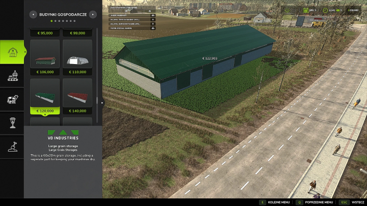 fs25-mods,  FS25 grain storages mod menu displaying various storage options in Farming Simulator 25.