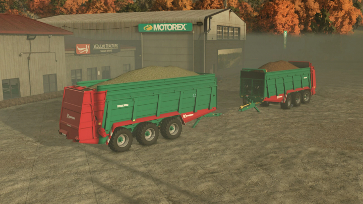 fs25-mods, FS25 mod: Farmtech Fortis 3000 trailers parked at a building. Farming Simulator 25 mods.