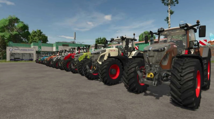 fs25-mods,  Lineup of tractors in Fend Multi Pack V1.0.0.2 mod for Farming Simulator 25 showcasing at a tractor center.