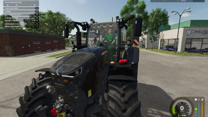 fs25-mods,  FS25 mod Fendt 700 Edit v1.0.0.0 showing black tractor parked in town setting, showcasing detailed texture and dashboard in Farming Simulator 25.