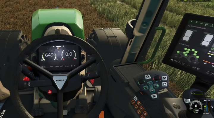 fs25-mods,  Interior view of the Fendt tractor with dark screen mod in FS25, showing dashboard and control panels.