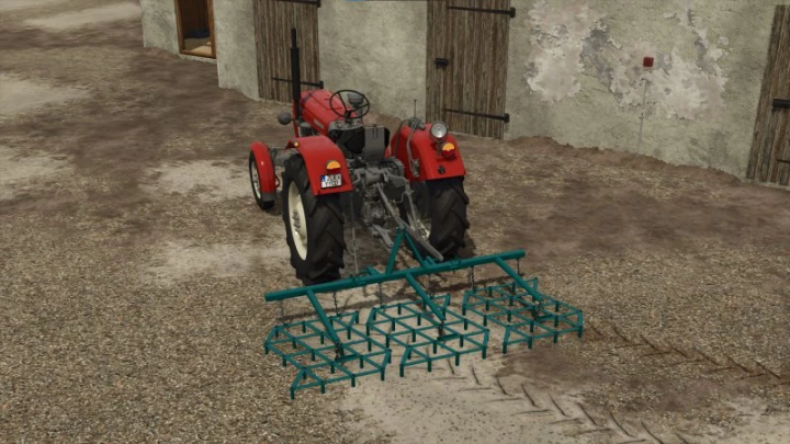 fs25-mods,  A red tractor equipped with the Fermstal 3 Harrow mod in FS25, showcasing farming equipment in Farming Simulator 25.