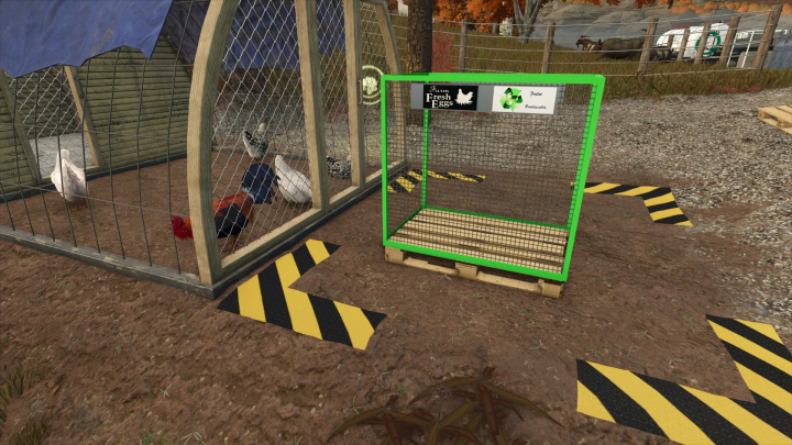 fs25-mods,  FS25 mod image showing a fillable pallet next to a chicken coop in Farming Simulator 25.