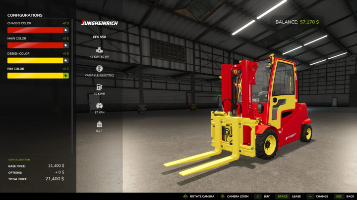 fs25-mods, FS25 Forklift Rental mod showcasing customizable Jungheinrich forklift in vibrant red and yellow within a warehouse setting.