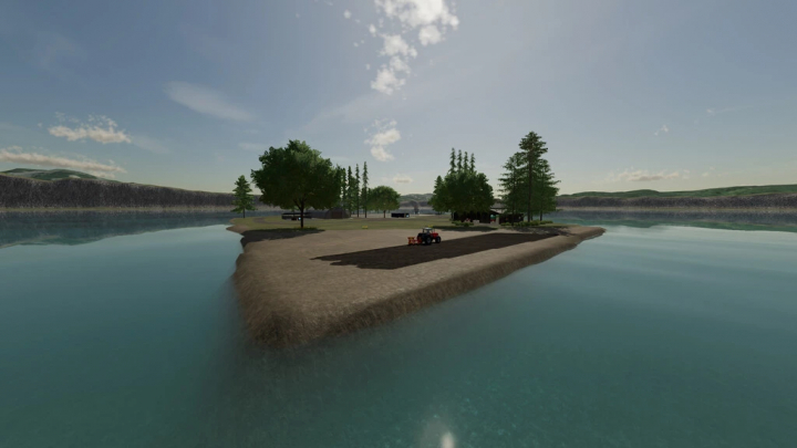 fs22-mods,  Mod FS22 Freshwater Island Survival v1.0.0.0, apresentando uma ilha tranquila com árvores e um trator ao lado de águas azuis calmas.