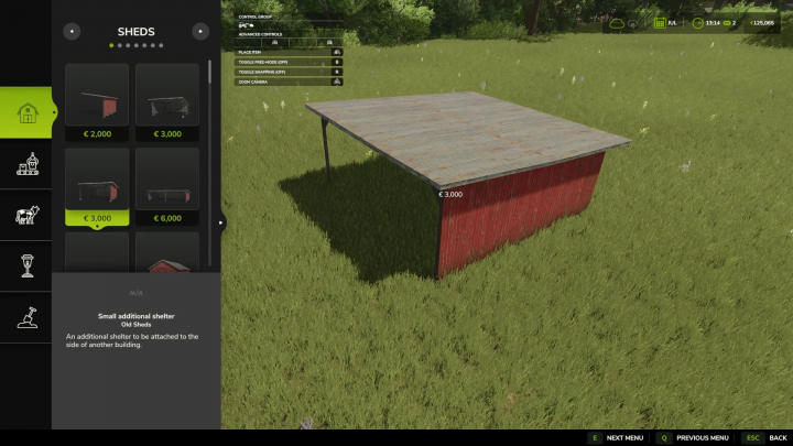 fs25-mods,  FS25 mods: Shed selection menu showing a small additional shelter priced at €3,000 in Farming Simulator 25.