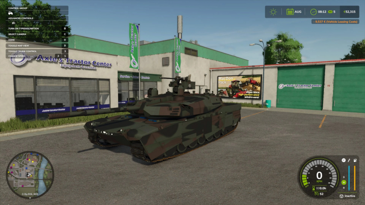 fs25-mods,  German tank mod in FS25 parked at Axle's Tractor Center.