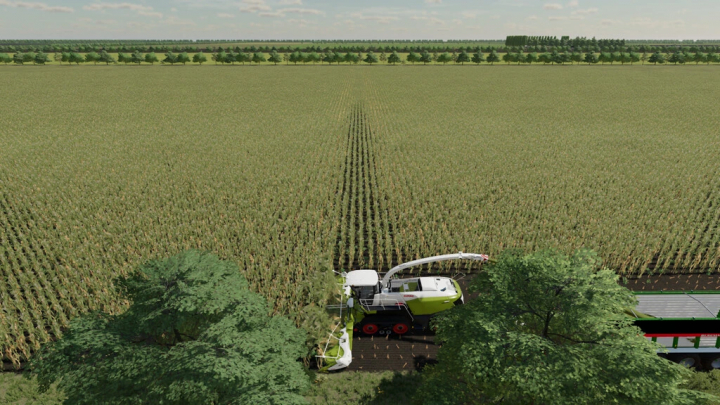 fs22-mods,  Ein Mähdrescher arbeitet auf einem großen Feld in der Gnadenthal-Karte mod für FS22, zeigt Farming Simulator 22 Mod-Landschaft.